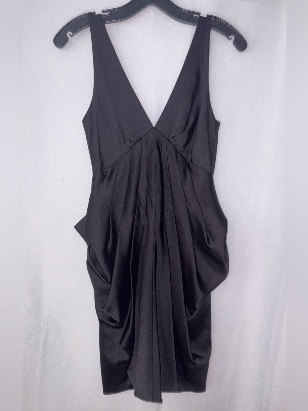 BCBGMaxAzria Elegant Satin Black Draped V-Neck Dress